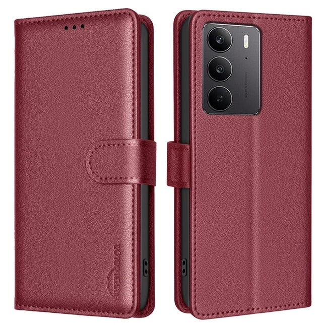 BINFEN COLOR BF32 For Realme C75 Leather Case Wallet RFID Blocking Phone Cover - Red