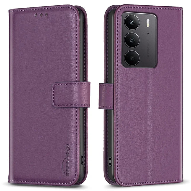BINFEN COLOR BF17 For Realme C75 Case Wallet Folio Flip Leather Cover - Dark Purple