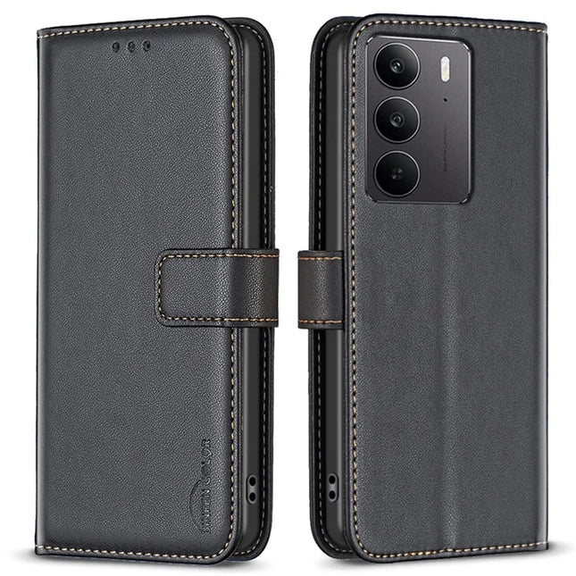 BINFEN COLOR BF17 For Realme C75 Case Wallet Folio Flip Leather Cover - Black