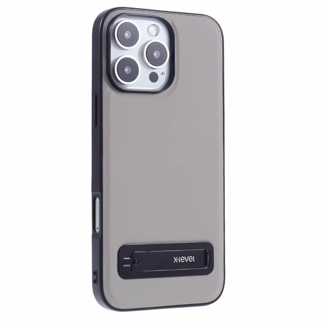 X-LEVEL For iPhone 16 Pro Max Phone Case Leather Coated PC TPU Back Cover with Metal Kickstand - Grey