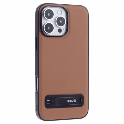X-LEVEL For iPhone 16 Pro Max Phone Case Leather Coated PC TPU Back Cover with Metal Kickstand - Brown