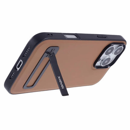 X-LEVEL For iPhone 16 Pro Max Phone Case Leather Coated PC TPU Back Cover with Metal Kickstand