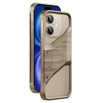 For iPhone 16 Bumper Case Aluminum Alloy Wood Frameless Heat Dissipation Phone Cover - Desert Gold