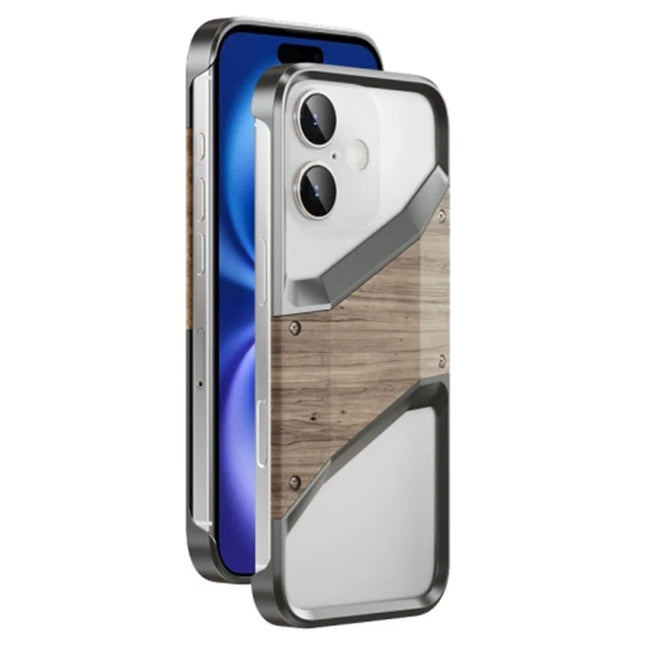 For iPhone 16 Bumper Case Aluminum Alloy Wood Frameless Heat Dissipation Phone Cover - Dark Grey