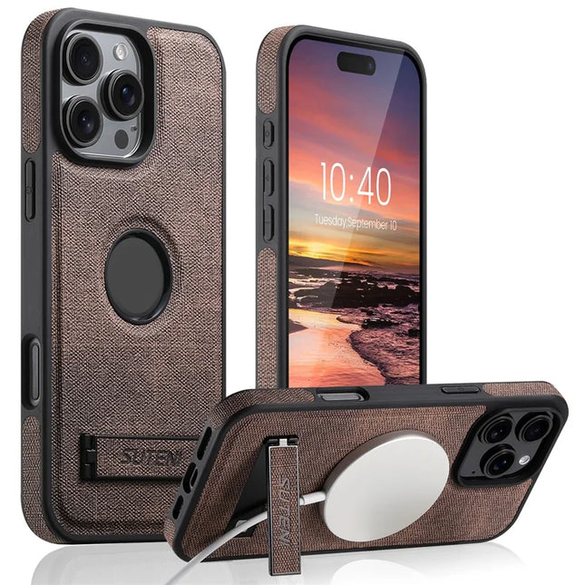 SUTENI G2 For iPhone 16 Pro Max Case Compatible with MagSafe Kickstand Denim Texture Leather Back Cover - Brown