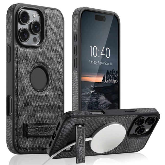 SUTENI G2 For iPhone 16 Pro Max Case Compatible with MagSafe Kickstand Denim Texture Leather Back Cover - Black