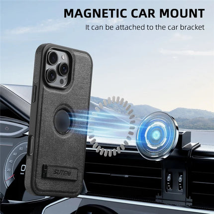 SUTENI G2 For iPhone 16 Pro Max Case Compatible with MagSafe Kickstand Denim Texture Leather Back Cover