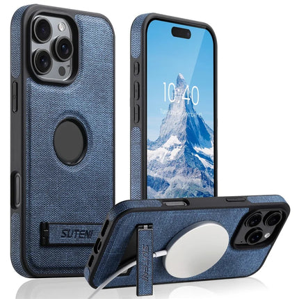 SUTENI G2 For iPhone 16 Pro Max Case Compatible with MagSafe Kickstand Denim Texture Leather Back Cover - Blue