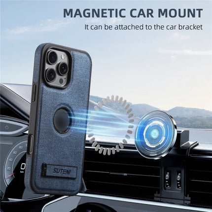 SUTENI G2 For iPhone 16 Pro Max Case Compatible with MagSafe Kickstand Denim Texture Leather Back Cover