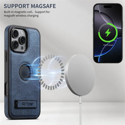 SUTENI G2 For iPhone 16 Pro Max Case Compatible with MagSafe Kickstand Denim Texture Leather Back Cover