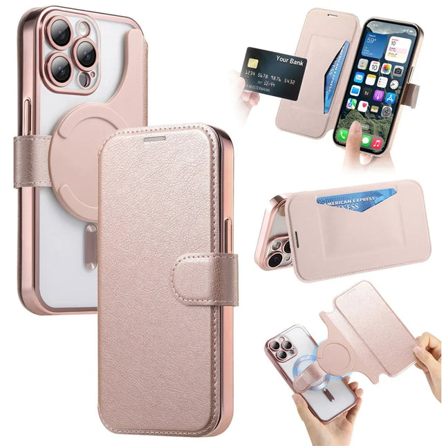 For iPhone 13 Pro Max Case Compatible with MagSafe Detachable Leather Phone Cover with Lens Film - Rose Gold
