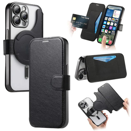 For iPhone 13 Pro Max Case Compatible with MagSafe Detachable Leather Phone Cover with Lens Film - Black