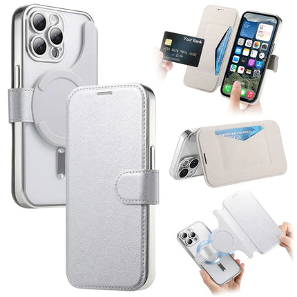 For iPhone 13 Pro Max Case Compatible with MagSafe Detachable Leather Phone Cover with Lens Film - Silver