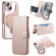 For iPhone 13 Case Compatible with MagSafe Detachable Leather Phone Cover with Lens Film - Rose Gold