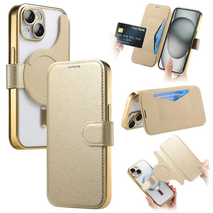 For iPhone 13 Case Compatible with MagSafe Detachable Leather Phone Cover with Lens Film - Gold