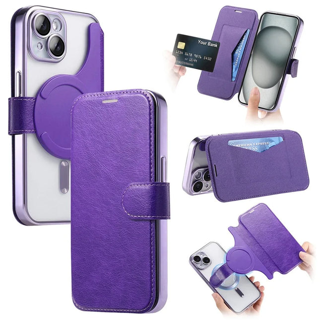 For iPhone 14 Case Compatible with MagSafe Detachable Leather Phone Cover with Lens Film - Light Purple