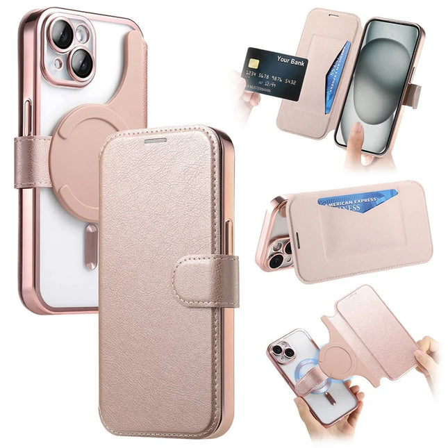 For iPhone 14 Case Compatible with MagSafe Detachable Leather Phone Cover with Lens Film - Rose Gold