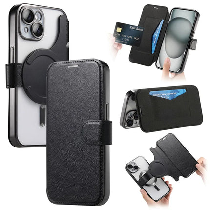 For iPhone 14 Case Compatible with MagSafe Detachable Leather Phone Cover with Lens Film - Black