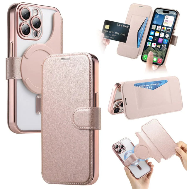 For iPhone 15 Pro Max Case Compatible with MagSafe Detachable Leather Phone Cover with Lens Film - Rose Gold