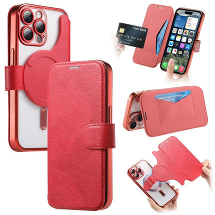 For iPhone 15 Pro Max Case Compatible with MagSafe Detachable Leather Phone Cover with Lens Film - Red