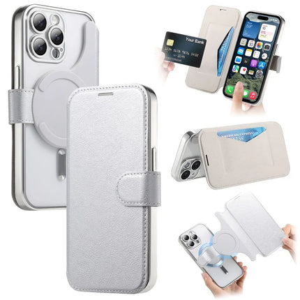 For iPhone 15 Pro Max Case Compatible with MagSafe Detachable Leather Phone Cover with Lens Film - Silver