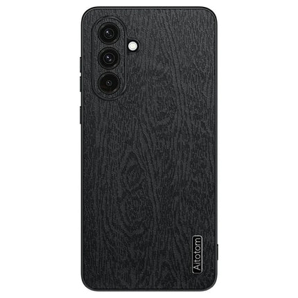 For Samsung Galaxy A56 5G Case Wood Texture PU Leather Coated PC TPU Phone Cover - Black