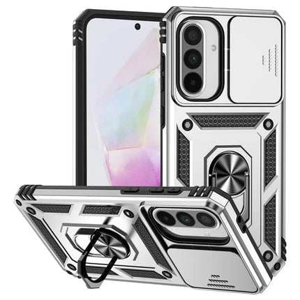 For Samsung Galaxy A36 5G Case PC + TPU Phone Cover with Lens Protection Kickstand - Silver