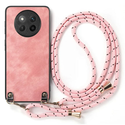 For Honor X60 Pro 5G Case Retro Texture Leather Coated PC+TPU Phone Cover with Hanging Rope - Pink