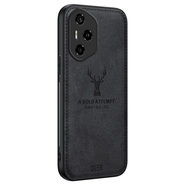 For Honor 300 Pro Case Deer Pattern Cloth Texture PU Leather Hybrid Phone Cover - Black