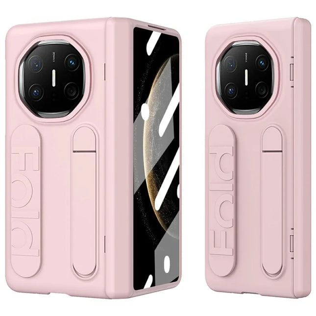 For Huawei Mate X6 Case Kickstand Wristband PC Phone Cover with Tempered Glass Film - Pink