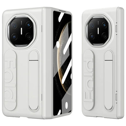 For Huawei Mate X6 Case Kickstand Wristband PC Phone Cover with Tempered Glass Film - White