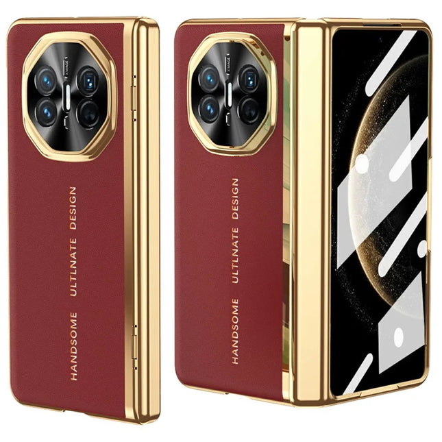 For Huawei Mate X6 Case PU Leather+PC Electroplating Phone Cover with Tempered Glass Screen Film - Red