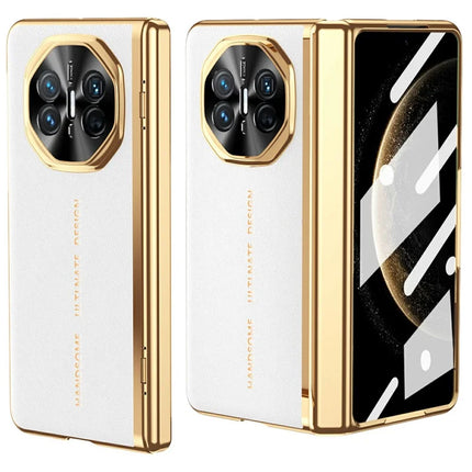For Huawei Mate X6 Case PU Leather+PC Electroplating Phone Cover with Tempered Glass Screen Film - White