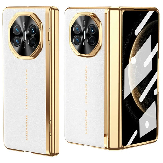 For Huawei Mate X6 Case PU Leather+PC Electroplating Phone Cover with Tempered Glass Screen Film - White