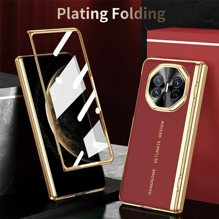 For Huawei Mate X6 Case PU Leather+PC Electroplating Phone Cover with Tempered Glass Screen Film