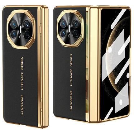 For Huawei Mate X6 Case PU Leather+PC Electroplating Phone Cover with Tempered Glass Screen Film - Black