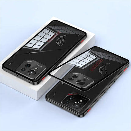 For Asus ROG Phone 9 Pro 5G / Phone 9 5G Case Metal Frame Tempered Glass Back Mobile Cover with Slide Key - Black