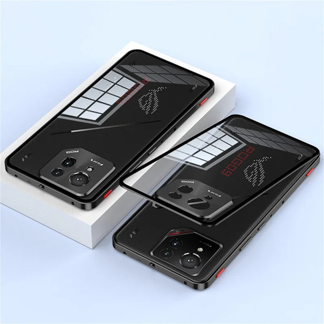 For Asus ROG Phone 9 Pro 5G / Phone 9 5G Case Metal Frame Tempered Glass Back Mobile Cover with Slide Key - Black