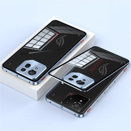 For Asus ROG Phone 9 Pro 5G / Phone 9 5G Case Metal Frame Tempered Glass Back Mobile Cover with Slide Key - Blue