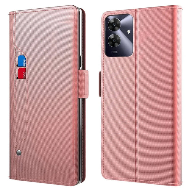 For Realme Note 60 Case Stand PU Leather Phone Cover Card Holder Mirror - Rose Gold