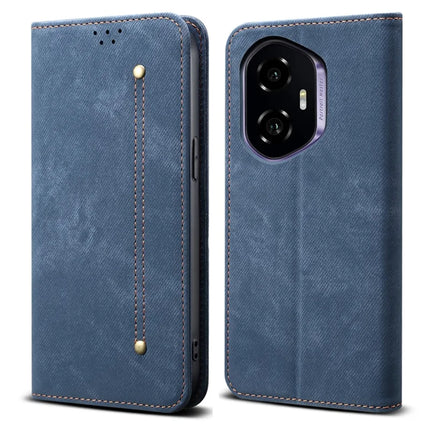 For Honor 300 Case Jeans Cloth Texture Anti-Scratch Leather Stand Phone Cover - Blue