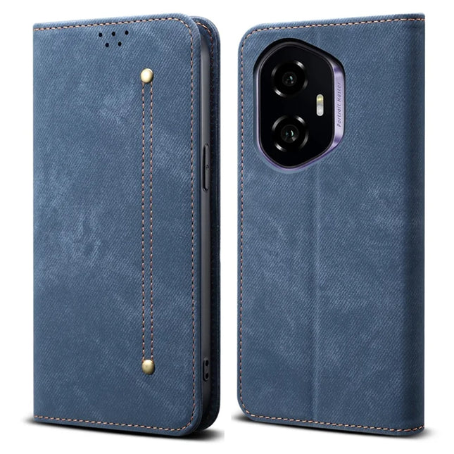 For Honor 300 Case Jeans Cloth Texture Anti-Scratch Leather Stand Phone Cover - Blue