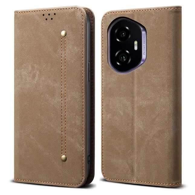 For Honor 300 Case Jeans Cloth Texture Anti-Scratch Leather Stand Phone Cover - Khaki