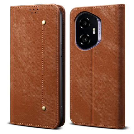For Honor 300 Case Jeans Cloth Texture Anti-Scratch Leather Stand Phone Cover - Coffee
