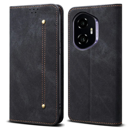 For Honor 300 Case Jeans Cloth Texture Anti-Scratch Leather Stand Phone Cover - Black