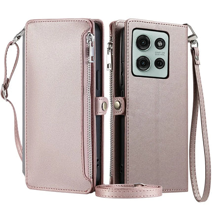 015 Style For Motorola Moto G75 5G Case TPU+PU Leather Wallet Phone Cover with Straps - Rose Gold