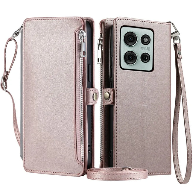 015 Style For Motorola Moto G75 5G Case TPU+PU Leather Wallet Phone Cover with Straps - Rose Gold