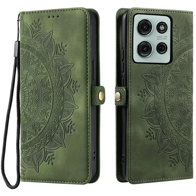 Style 016 For Motorola Moto G75 5G Case Skin Feel Totem Imprinted Wallet Leather Phone Cover - Blackish Green