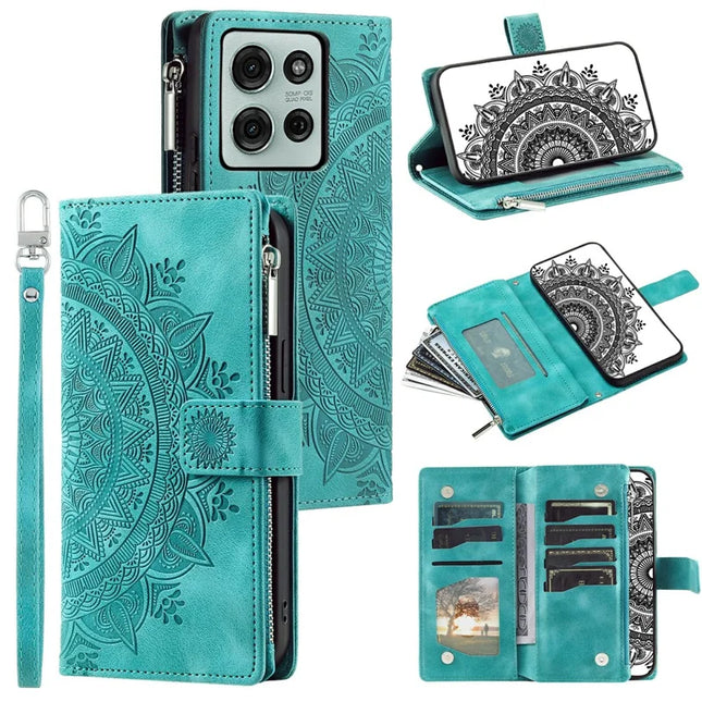 Style 006 For Motorola Moto G75 5G Wallet Case PU Leather Phone Cover Mandala Flower Pattern - Mint Green