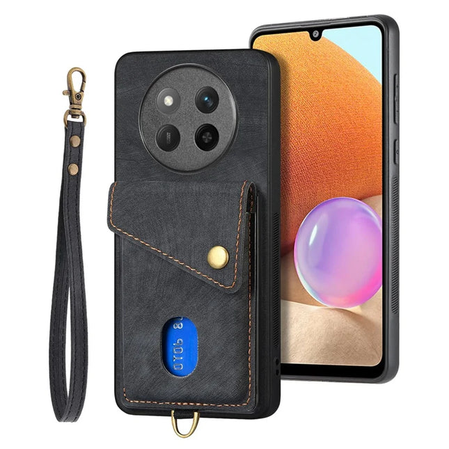 For Honor X60 Pro 5G Case with Card Holder Kickstand Leather Phone Back Cover - Black